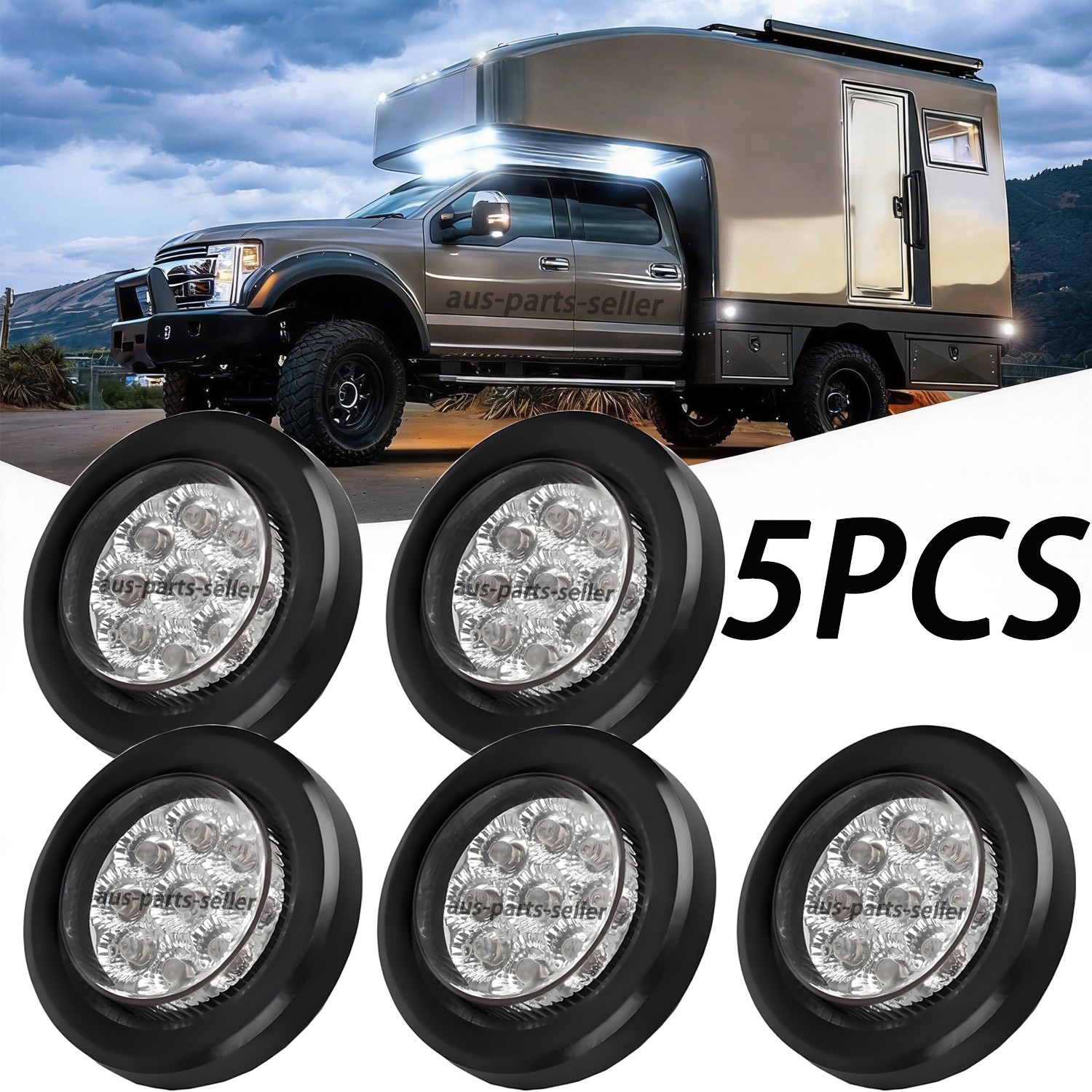 5x White 2″ inch Round 9LED Truck Trailer Stop Turn Tail Brake Lights Waterproof