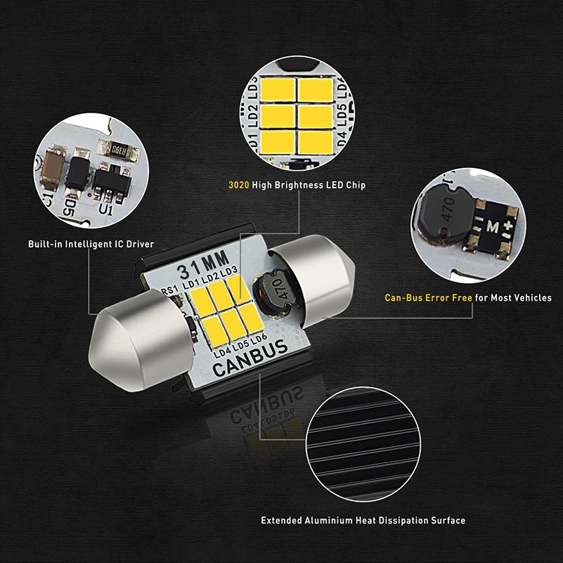 4PCS White 31MM CANBUS Error Free 3020SMD Festoon LED Interior Map Dome Bulbs