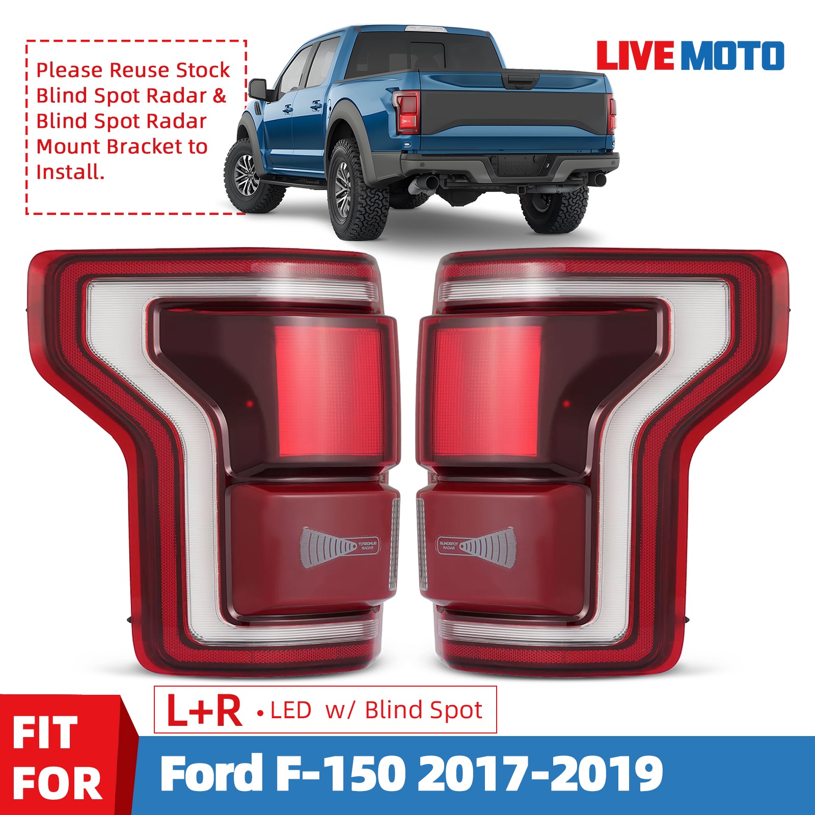 For 2017-2020 Ford F-150 LED Tail Light w/ Blind Spot Smoke Red lens Pair