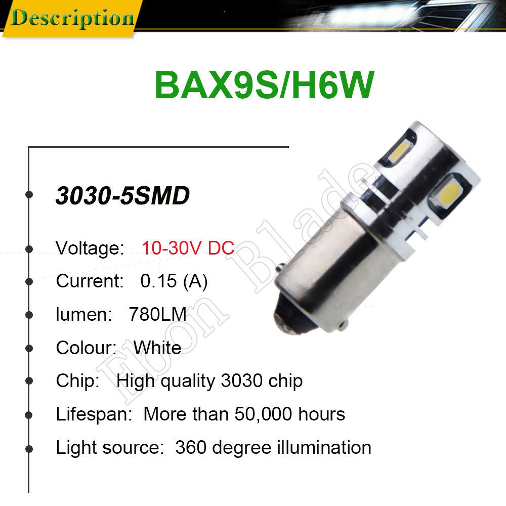 2Pcs BAX9S H6W Car LED Bulb Interior Dome Side Wedge Light Lamp White 10V-30V DC
