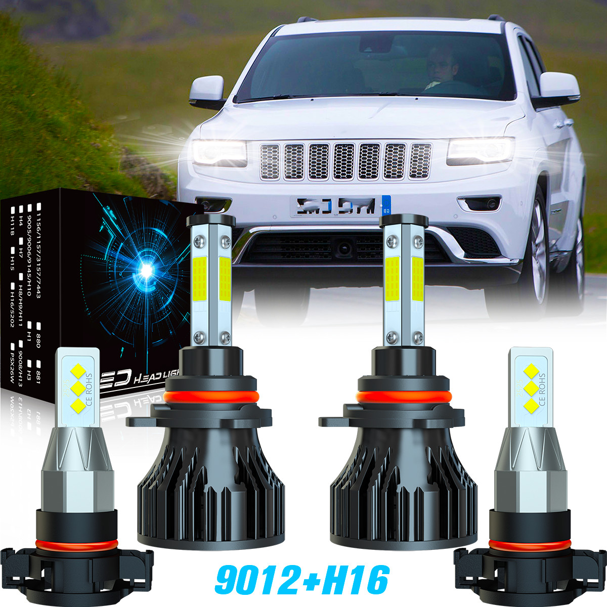 For Jeep Cherokee 2014-2015 9012+H16/5202 LED Headlight + Fog Light Bulb Combo