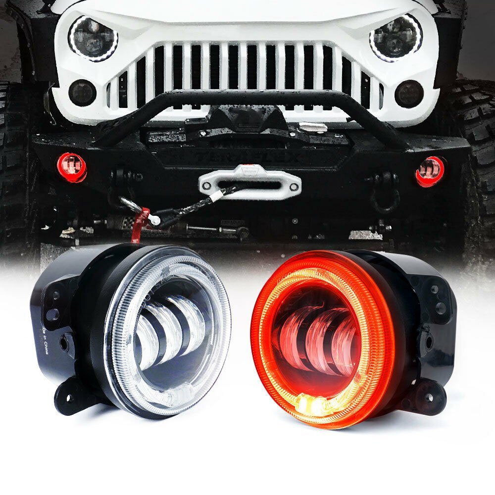4“ Round LED Fog Lights Driving Halo Combo Kit For Jeep Wrangler JK TJ LJ Dodge