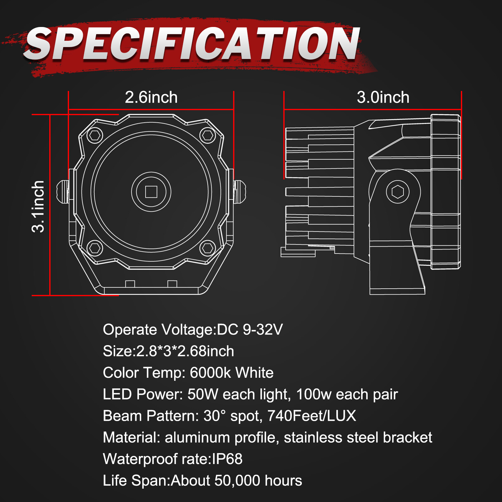 Pair 2.6Inch Led Driving Light Pods Spot Beam Off Road ATV Truck Deep Reflector