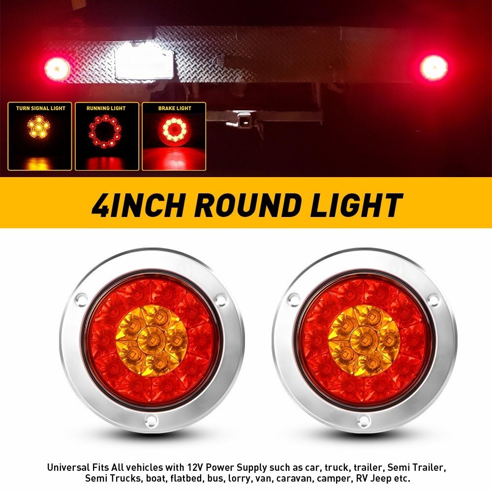 2x Round Red/Amber 16 LED Truck Trailer Brake RV Stop Turn Signal Tail Lights EW