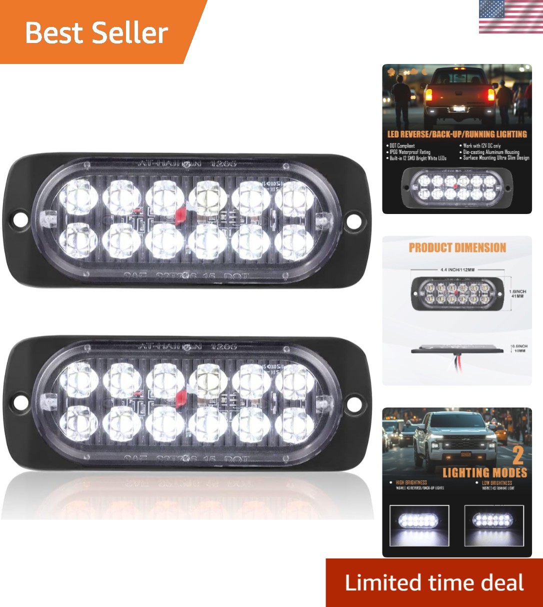 Pack of 2 Waterproof LED Reverse Backup Lights – Aluminum Housing, DOT Compliant