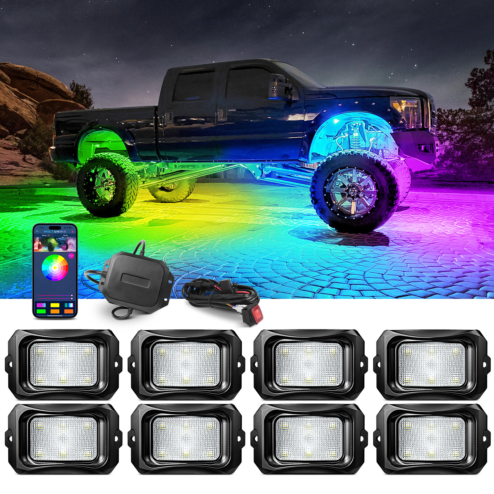 8/10/12 Pods RGB LED Rock Lights Offroad Truck APP Underbody Underglow Neon Kit