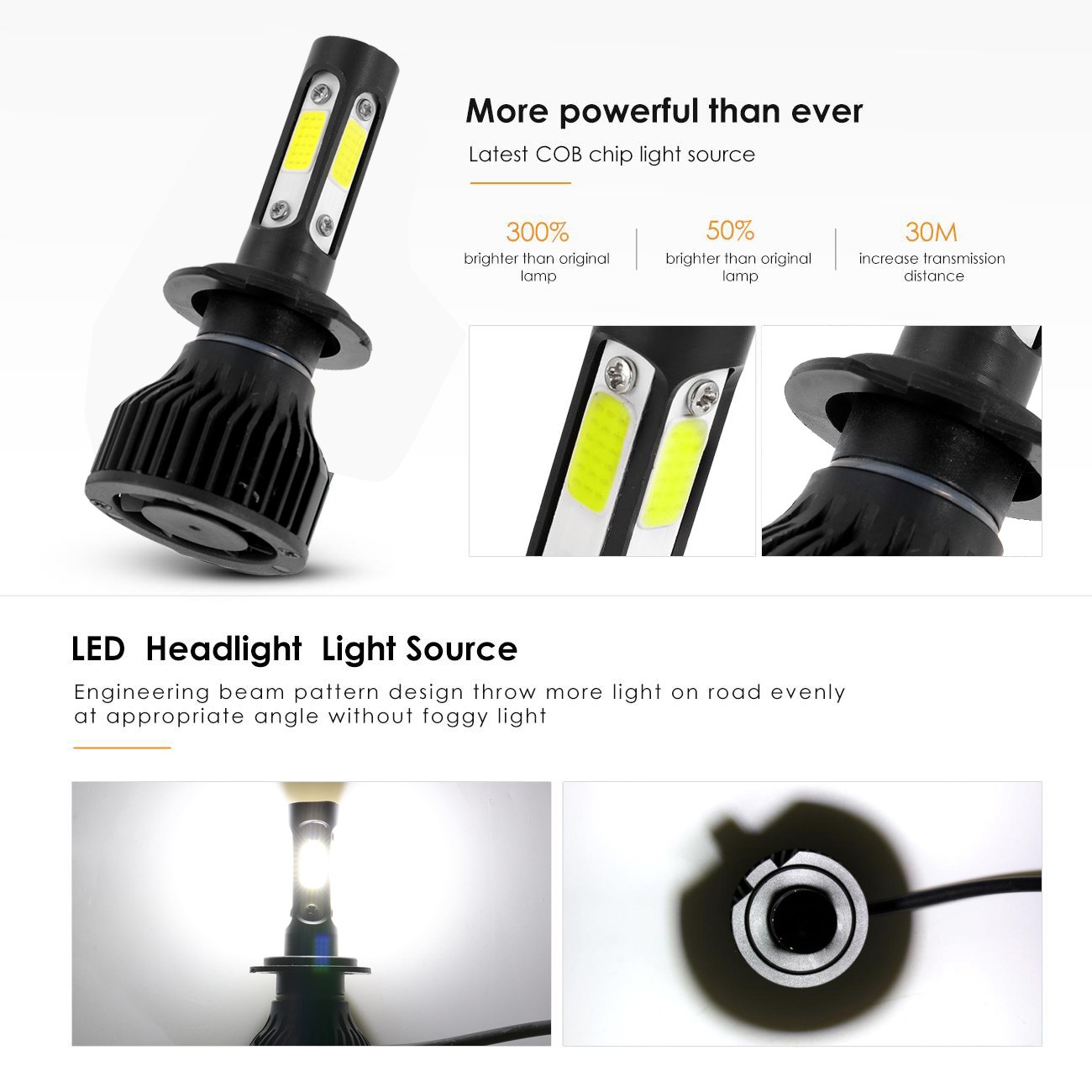 4-sides H7 LED Headlight Bulbs Conversion Kit High/Low Beam 6000K Super Bright