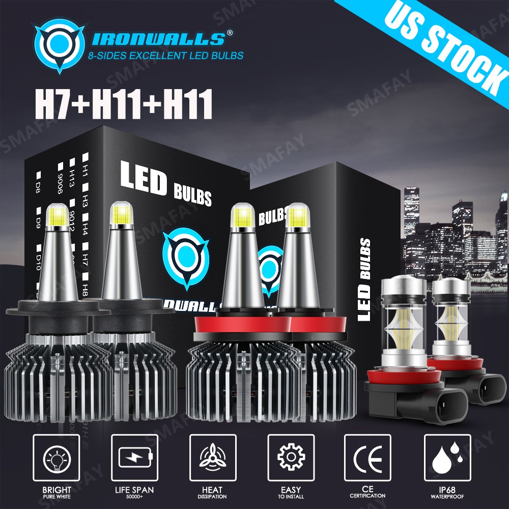 8-sides H7 H11 H11 LED Combo Headlight High Low Beam Fog Bulb 6000K Super Bright