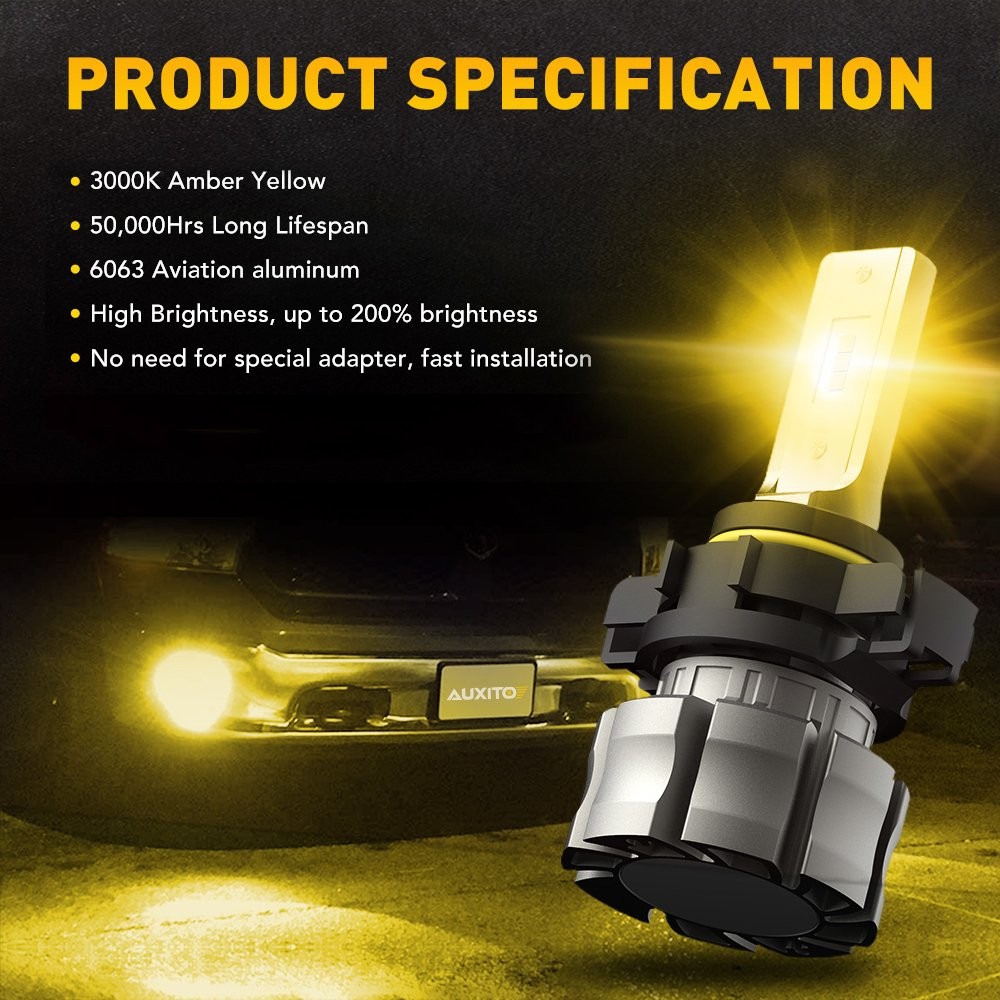 2 AUXITO 5202 LED Fog Light or DRL Bulbs 3000K Amber Yellow 200% Brighter B3F J