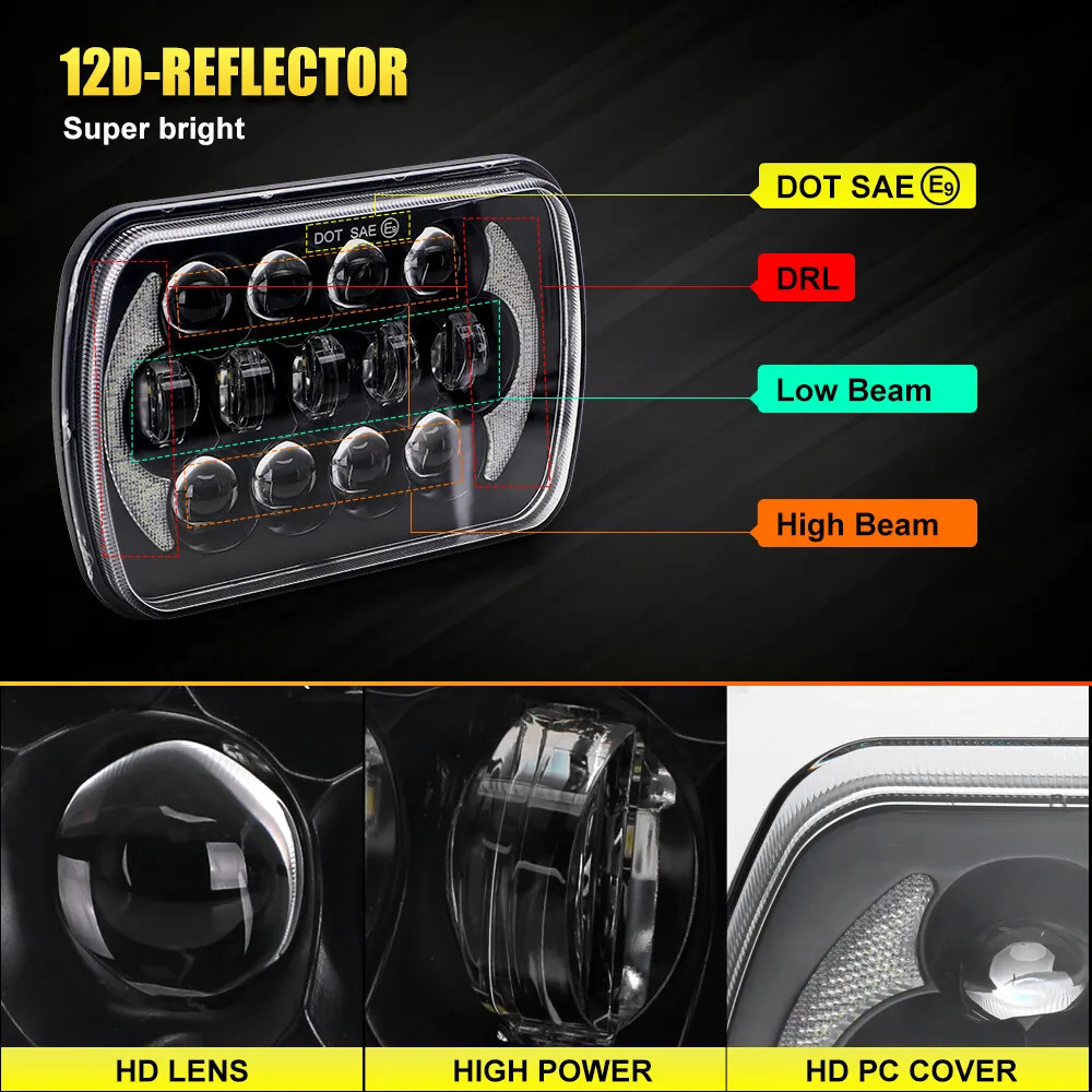 DOT For 1981-1993 Dodge D150 D250 D350 Pickup 7×6″ LED Headlights Hi/Lo Beam DRL