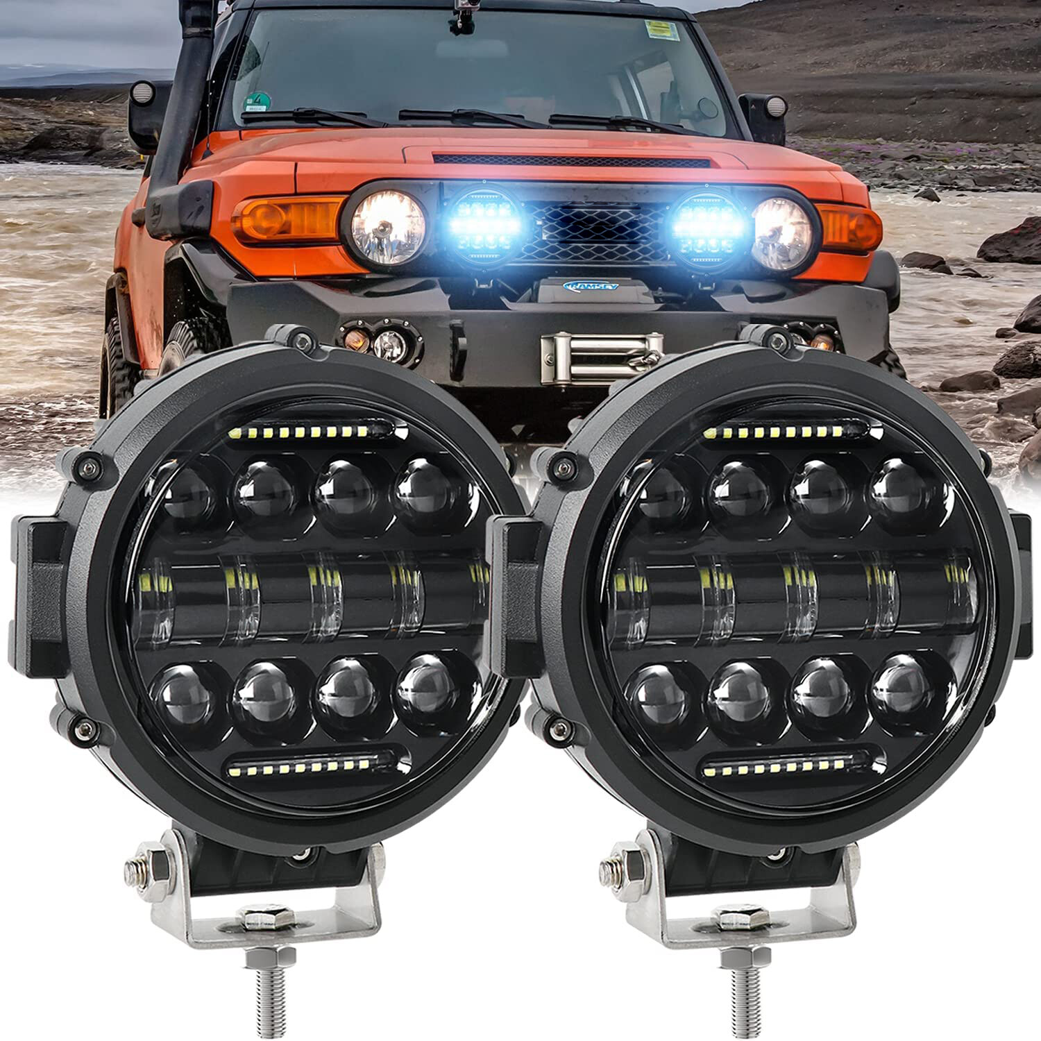 2x 7″ inch Round LED Light Bar Pods Flood Spot DRL Offroad Driving Lights Truck