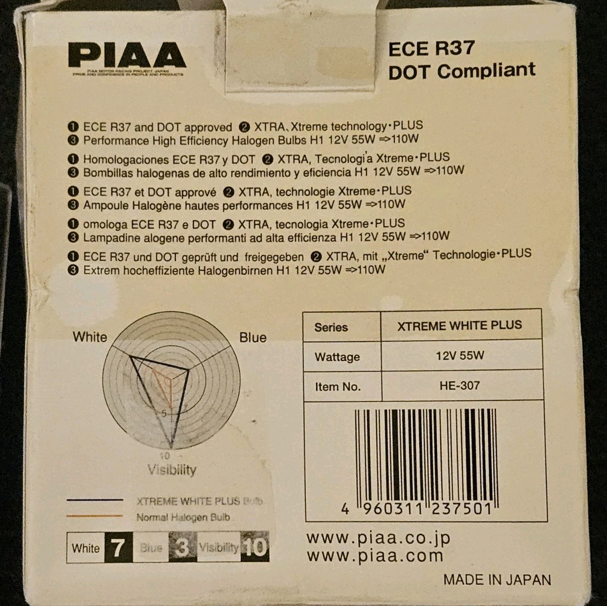 PIAA H1 Xtreme White Plus Halogen Bulbs 12V 55W=110W HE-307 Open Box NOS