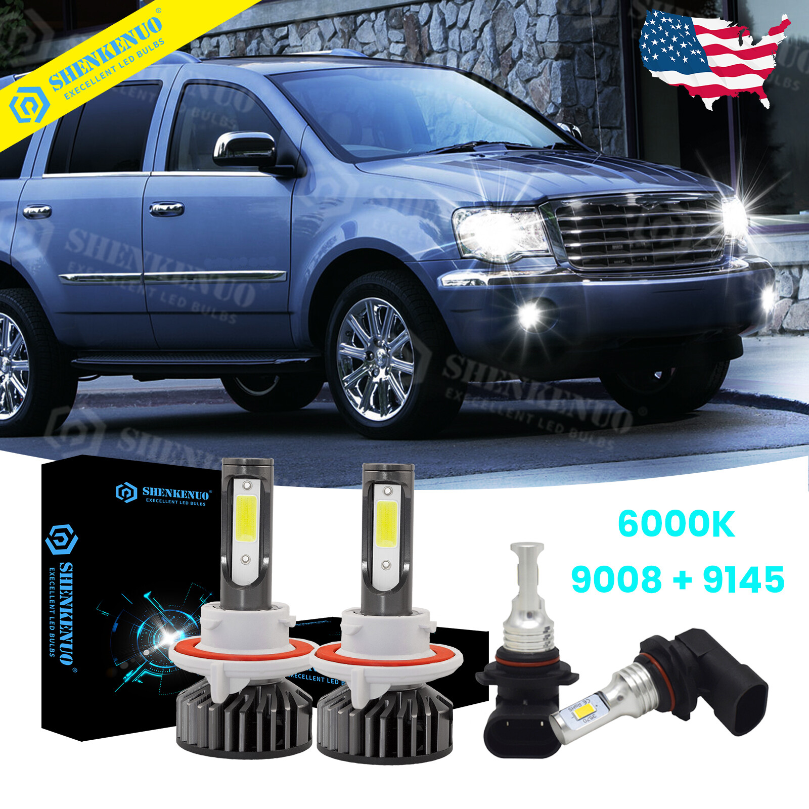 For Chrysler Aspen 2007-2009 Combo 9008 H13 9145 LED Headlight Fog Light 4xBulbs