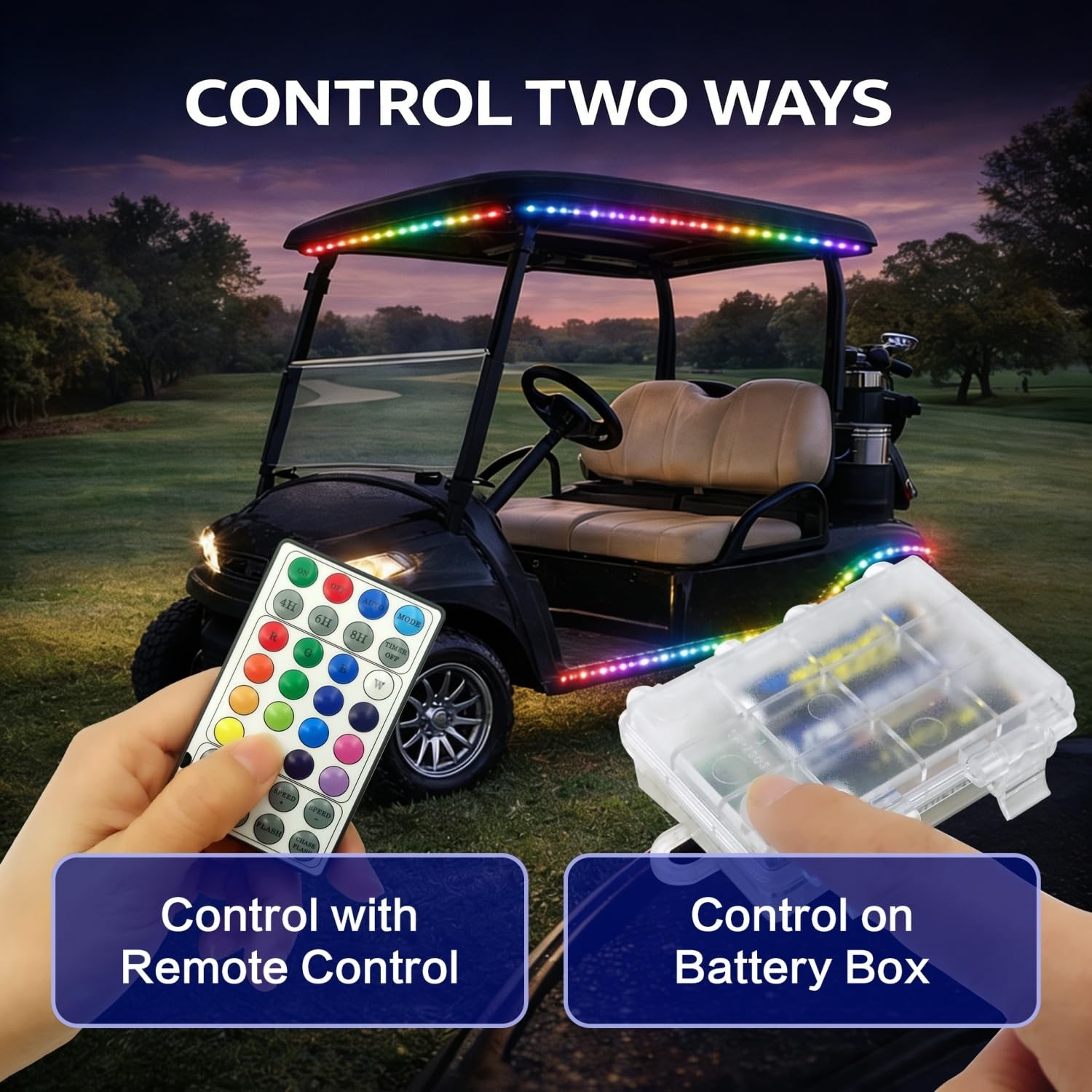 RGB Dream Color Golf Cart Canopy Lights with Remote, 2 Pack, Waterproof 6.56FT