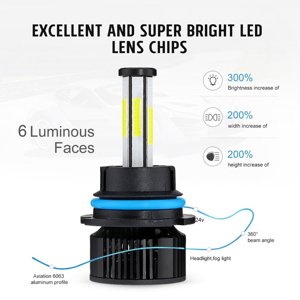 6-side 6000K White LED Headlight High Low Beam Fog Light Bulbs Conversion Kit