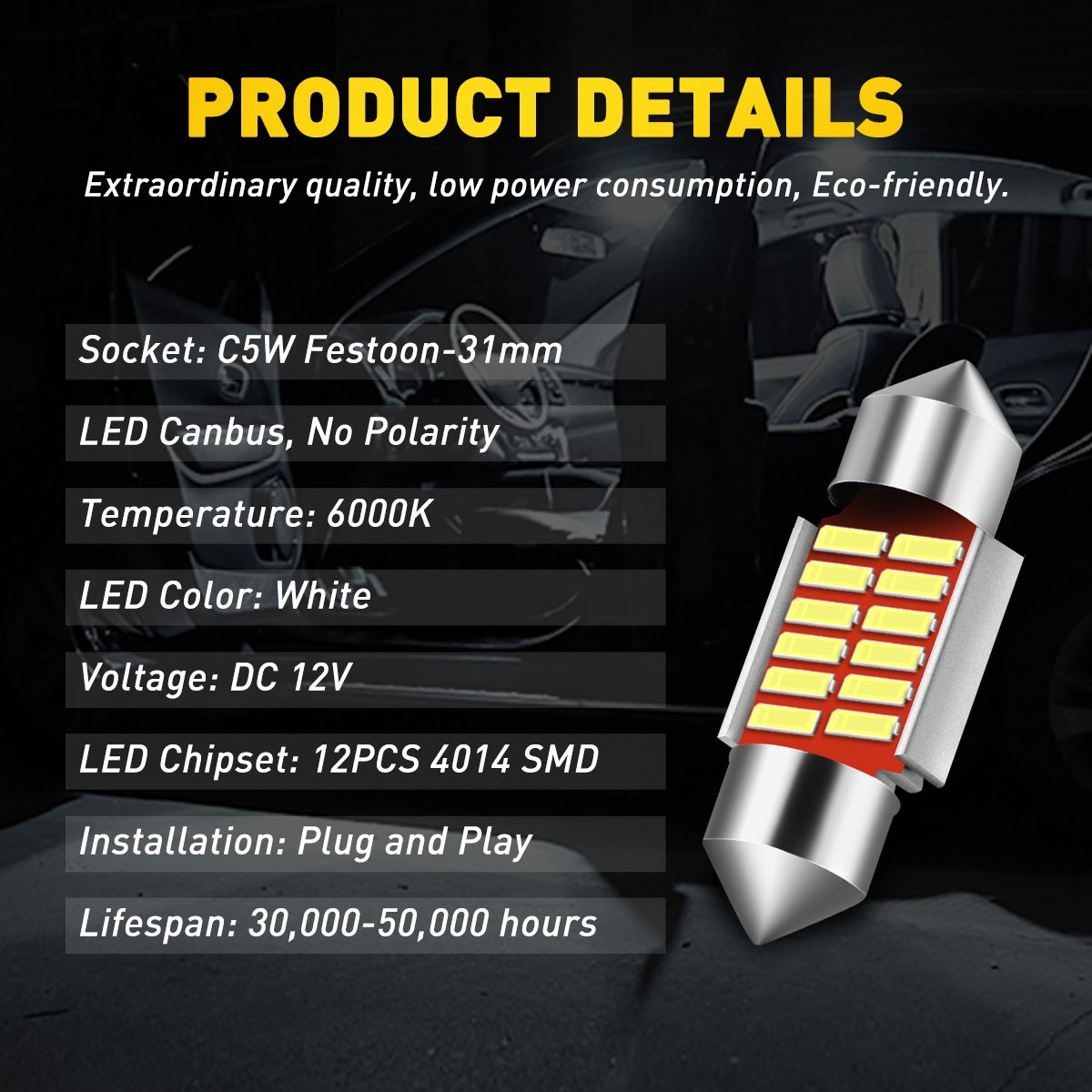 AUXITO 31MM DE3175 DE3022 LED Car Map Dome Light Bulb 6000K Bright White 2/10x
