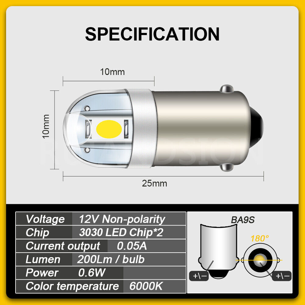 4pcs White BA9S T4W 3030 2 LED Side Parking Light Bulb 200LM DC 12V Non-polarity
