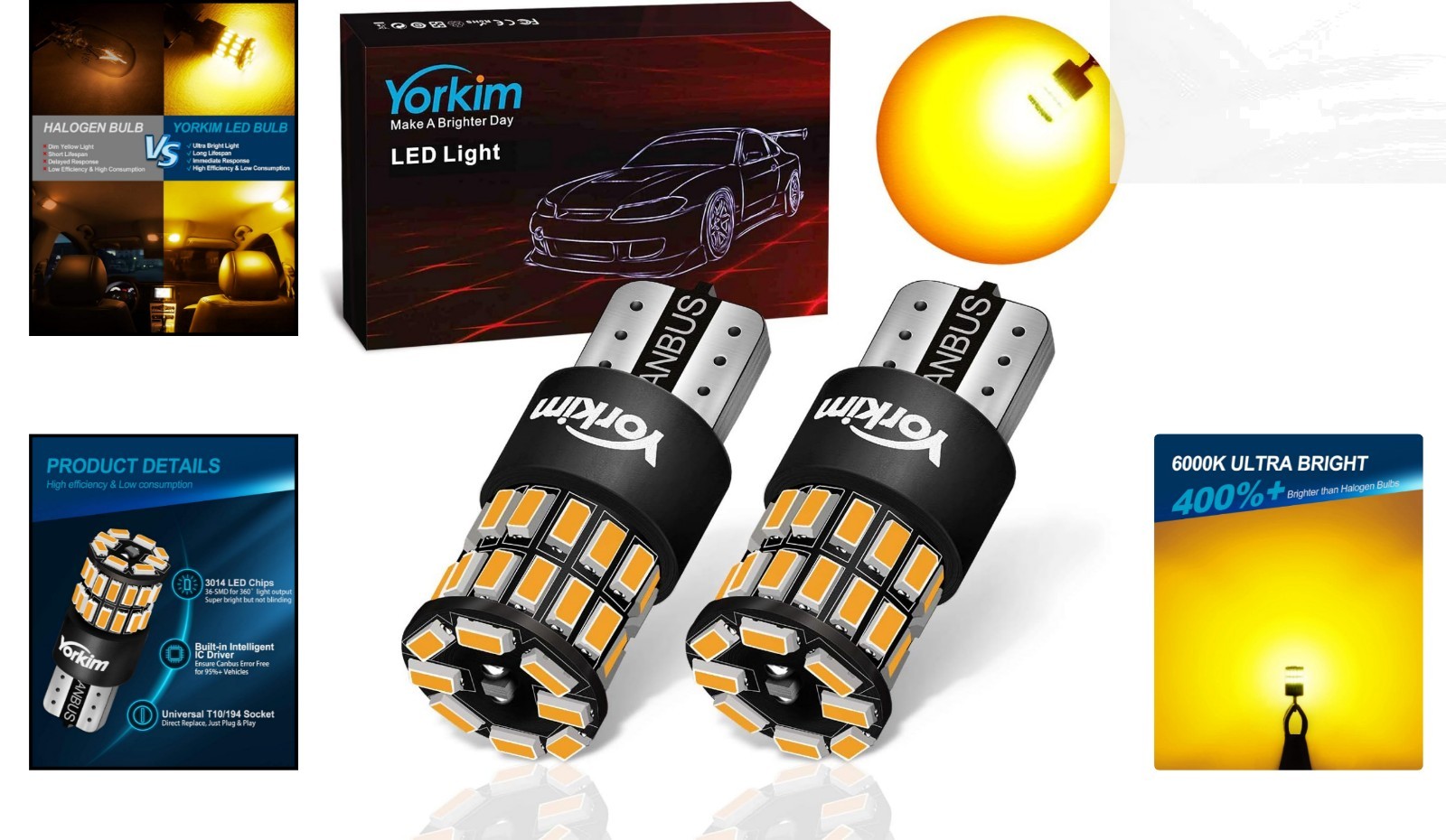 High Brightness Amber 194 LED Replacement Bulbs – 2 Pack, 50000 Hours Life