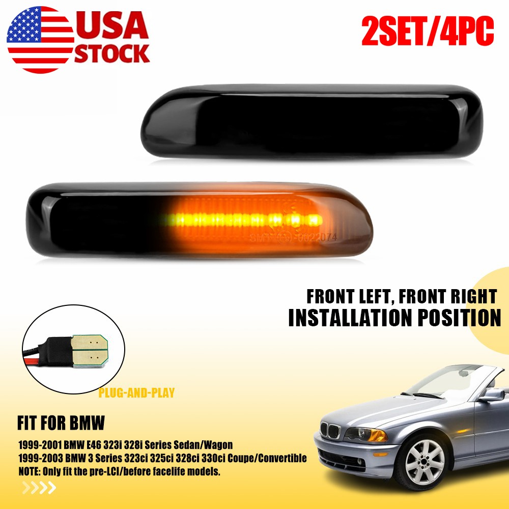 4PC RH LH Smoked Sequential LED Side Marker Lights Amber 63132228591 For BMW E46