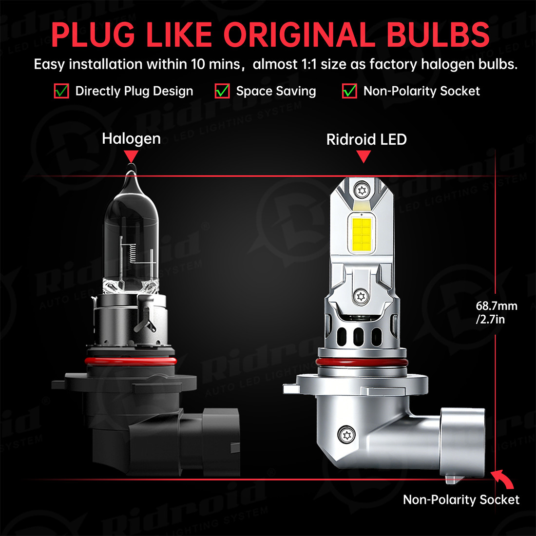 RIDROID 9005 H11 LED Headlight Super Bright Bulbs Kit 6000K White High&Low Beam