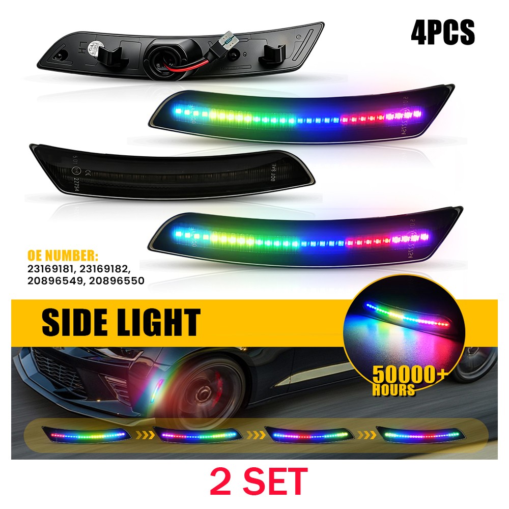 Fits 2016-23 Camaro 8X Smoked Colorful Flowing LED Front+Rear Side Marker Lights