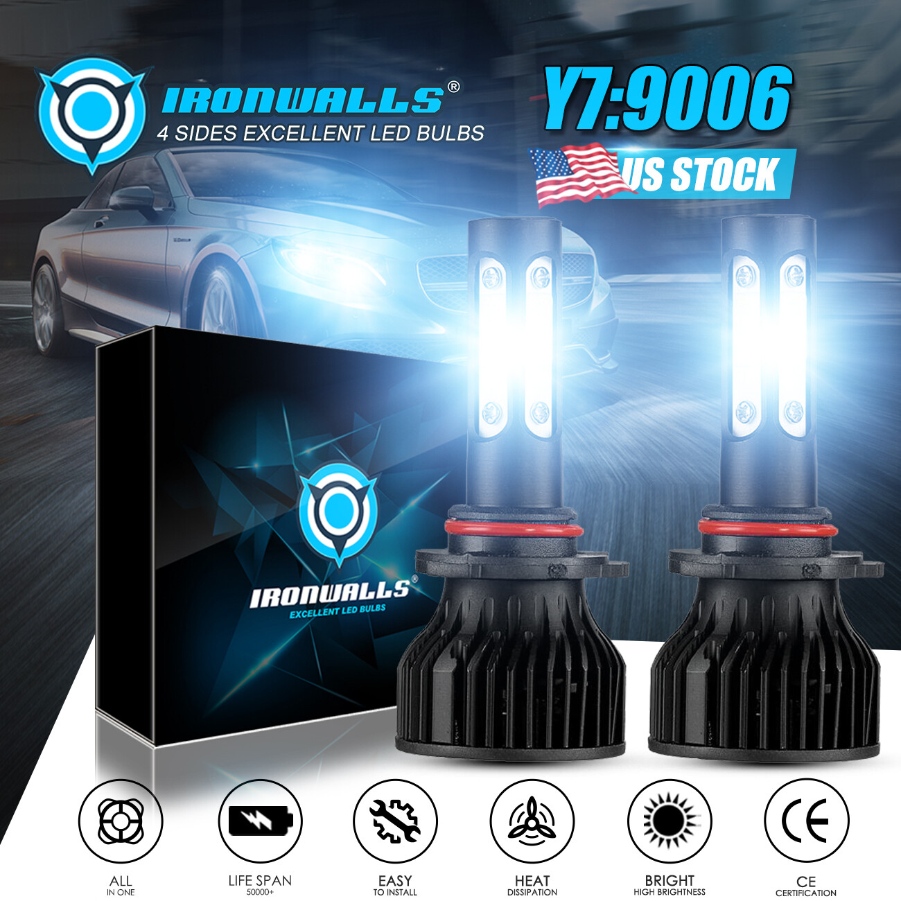 4-Sides 9006 HB4 2400W 360000LM LED Headlights Conversion Kit Hi/Low Bulbs 6000K