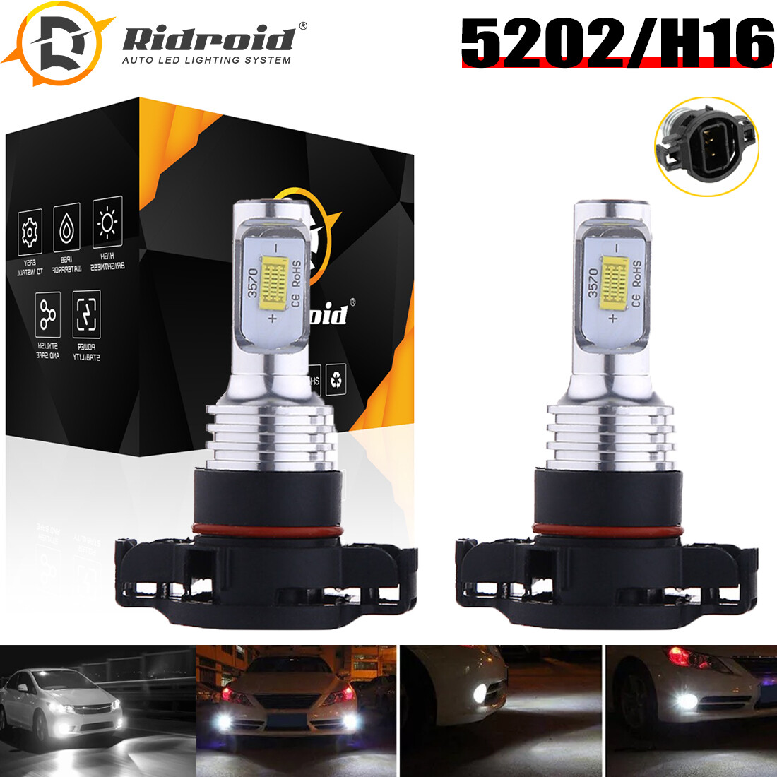 2Pcs H16 5201 5202 Super Bright LED Fog Daytime Running Light Bulbs Xenon White