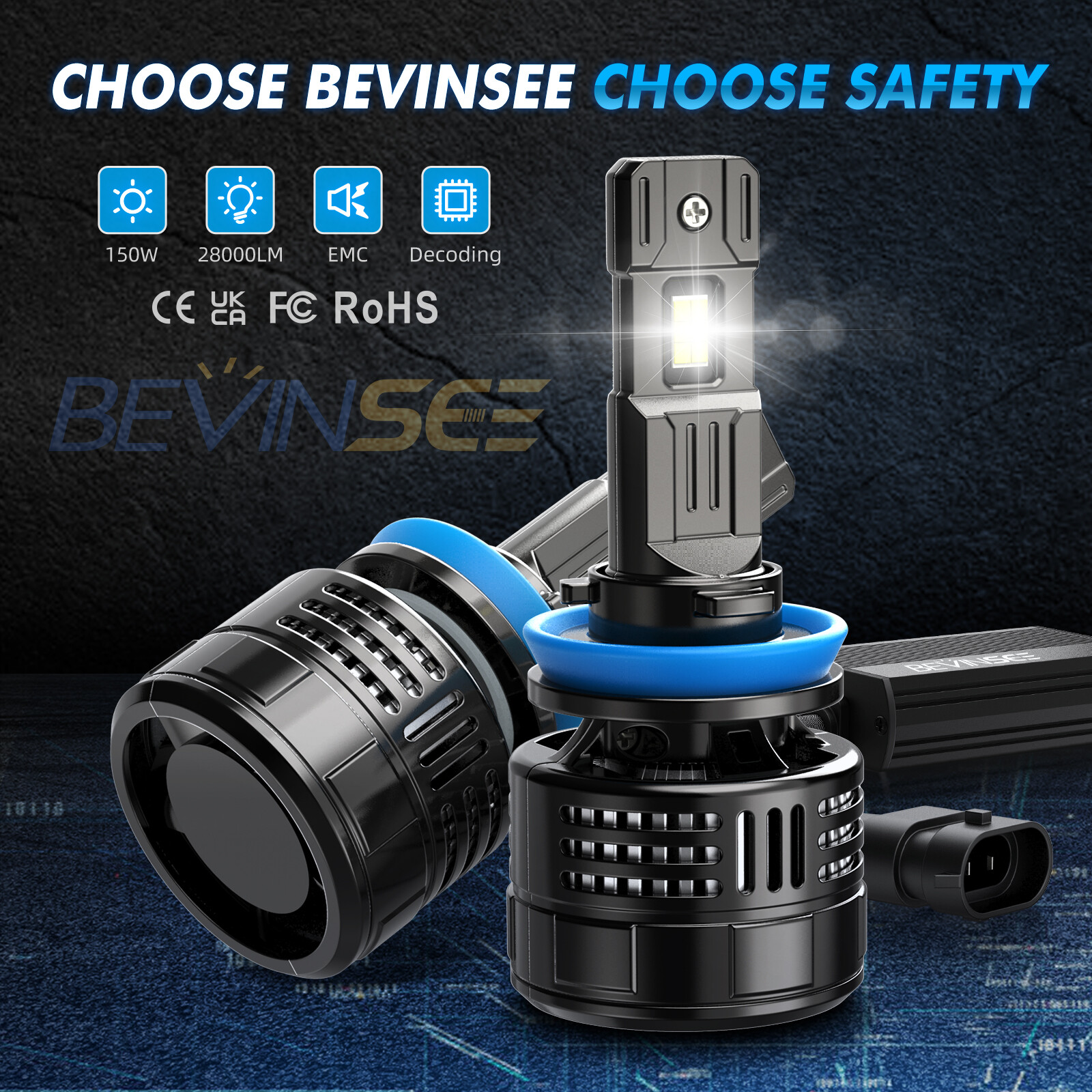 Bevinsee V55 H11 LED Headlight Bulbs Canbus Error Free 140W White Light 28000lm