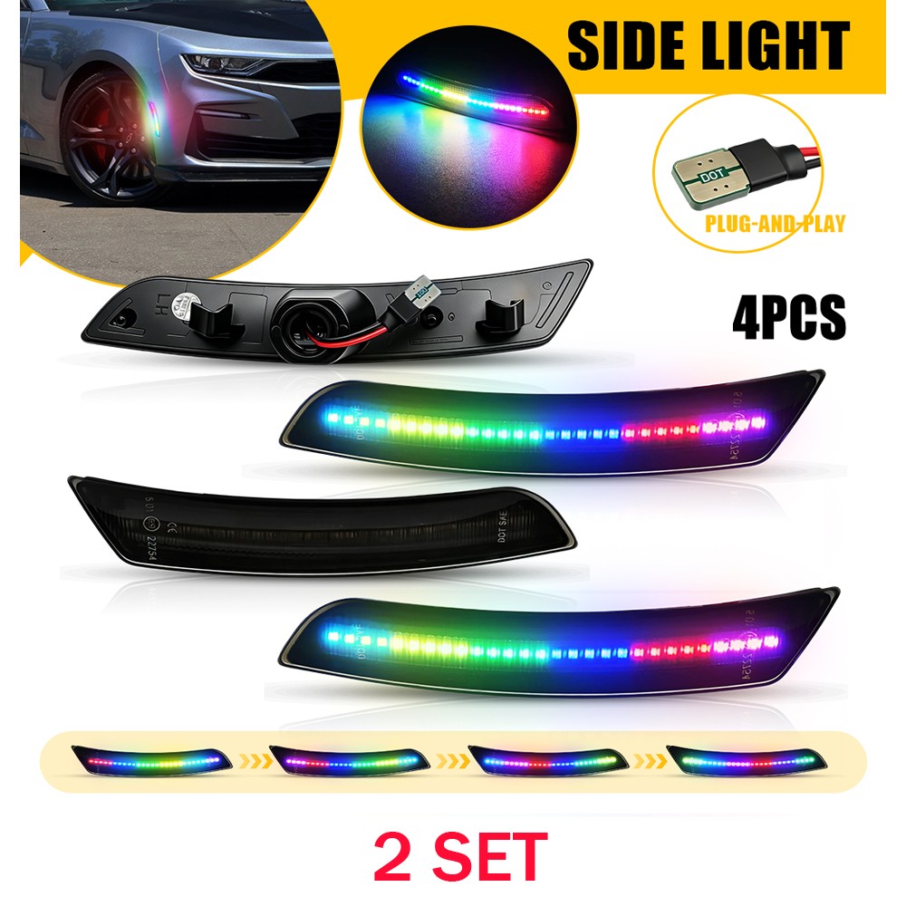 Fits 2016-23 Camaro 8X Smoked Colorful Flowing LED Front+Rear Side Marker Lights