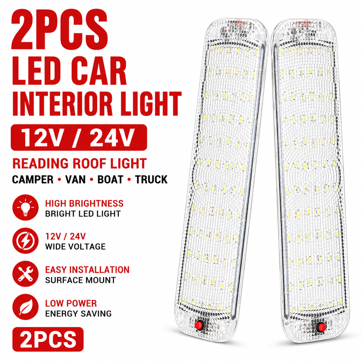 2PCS LED Car Interior Light 12V 24V Reading Roof Light Camper Van Boat Truck UK