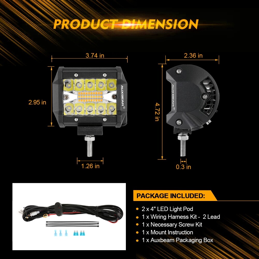 Auxbeam 4″ LED Pods Light 120W Spot 3-Row Off Road For Truck SUV ATV UTV Jeep