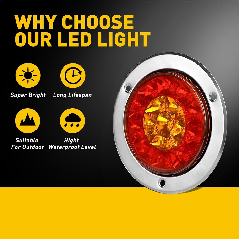 2x Round Red/Amber 16 LED Truck Trailer Brake RV Stop Turn Signal Tail Lights EW