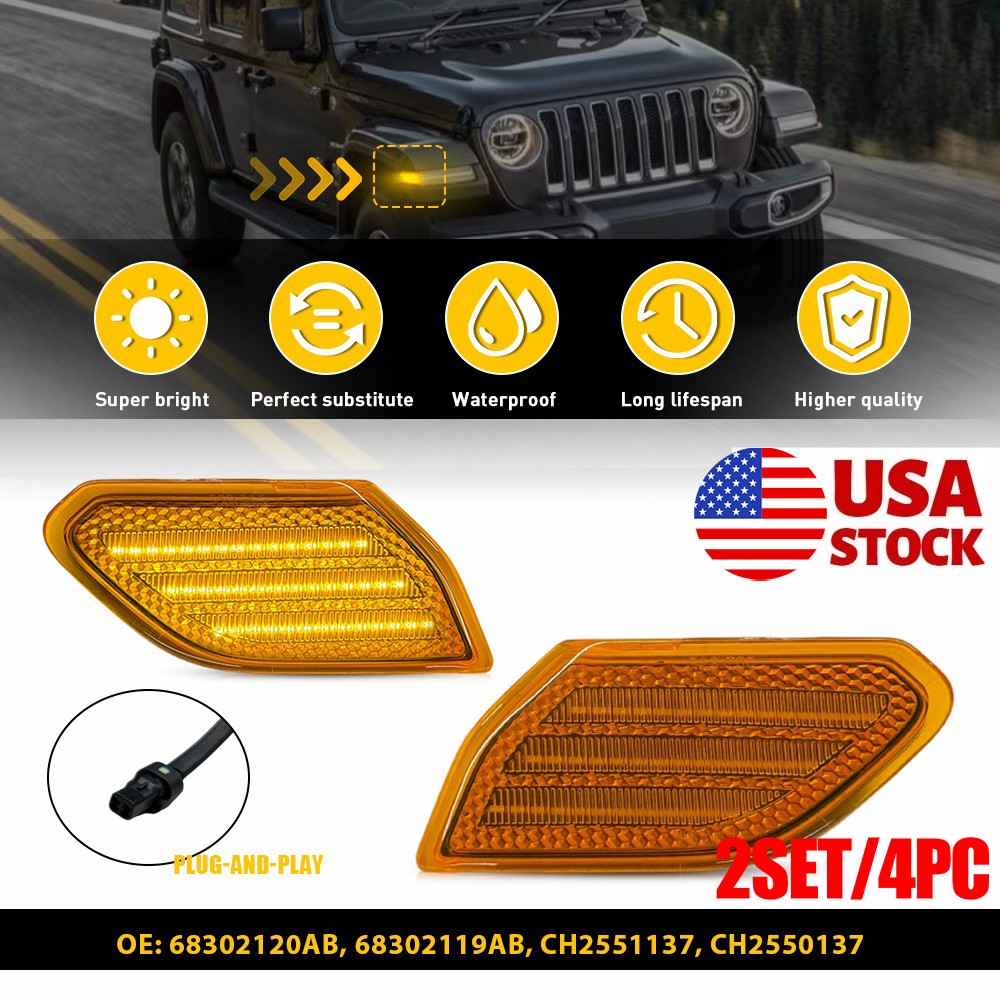 4PC Amber Lens LED Side Marker Lights Fender For 2018-26 Jeep Wrangler Gladiator