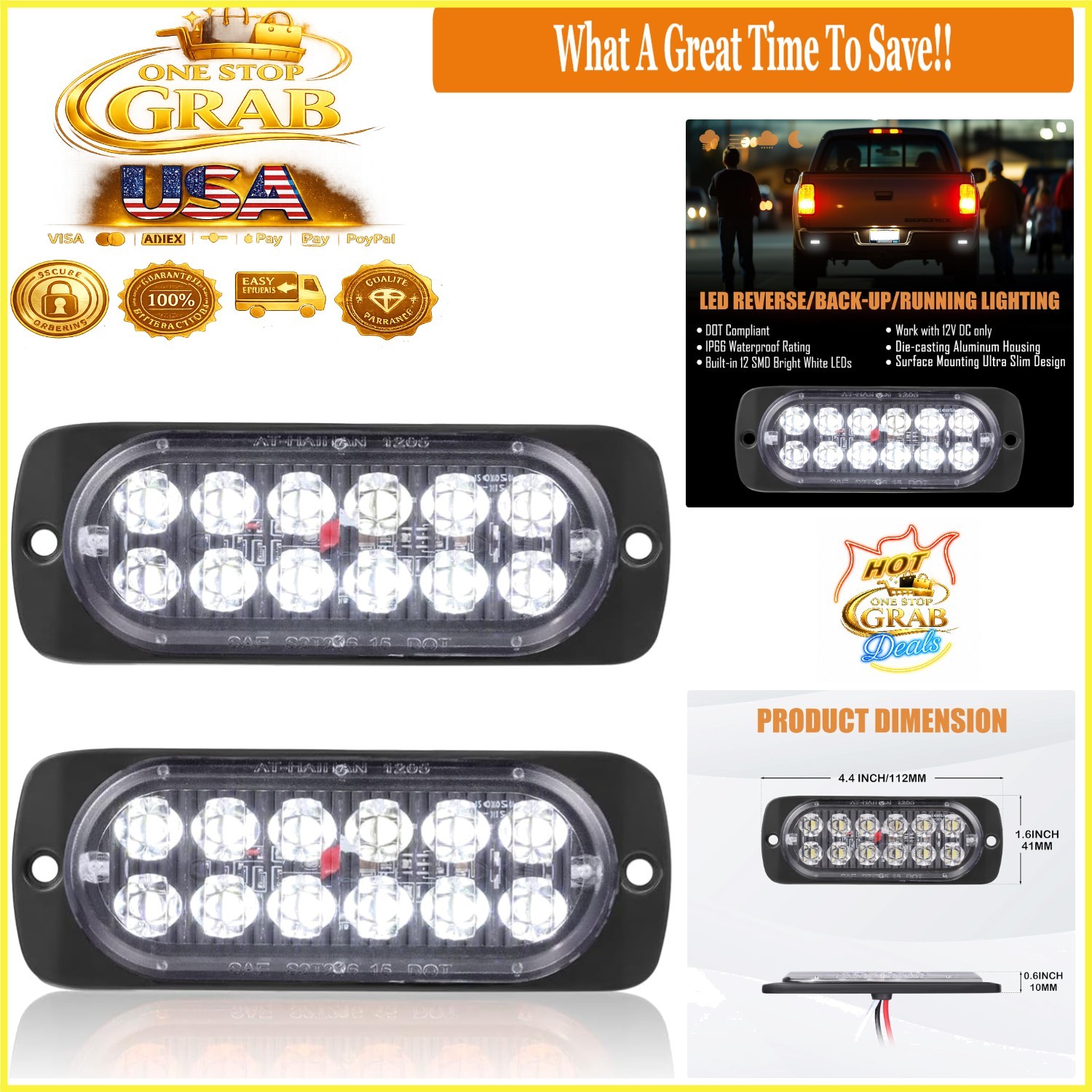 2 Pack White LED Reverse Backup Lights Waterproof Surface Mount DOT Compliant