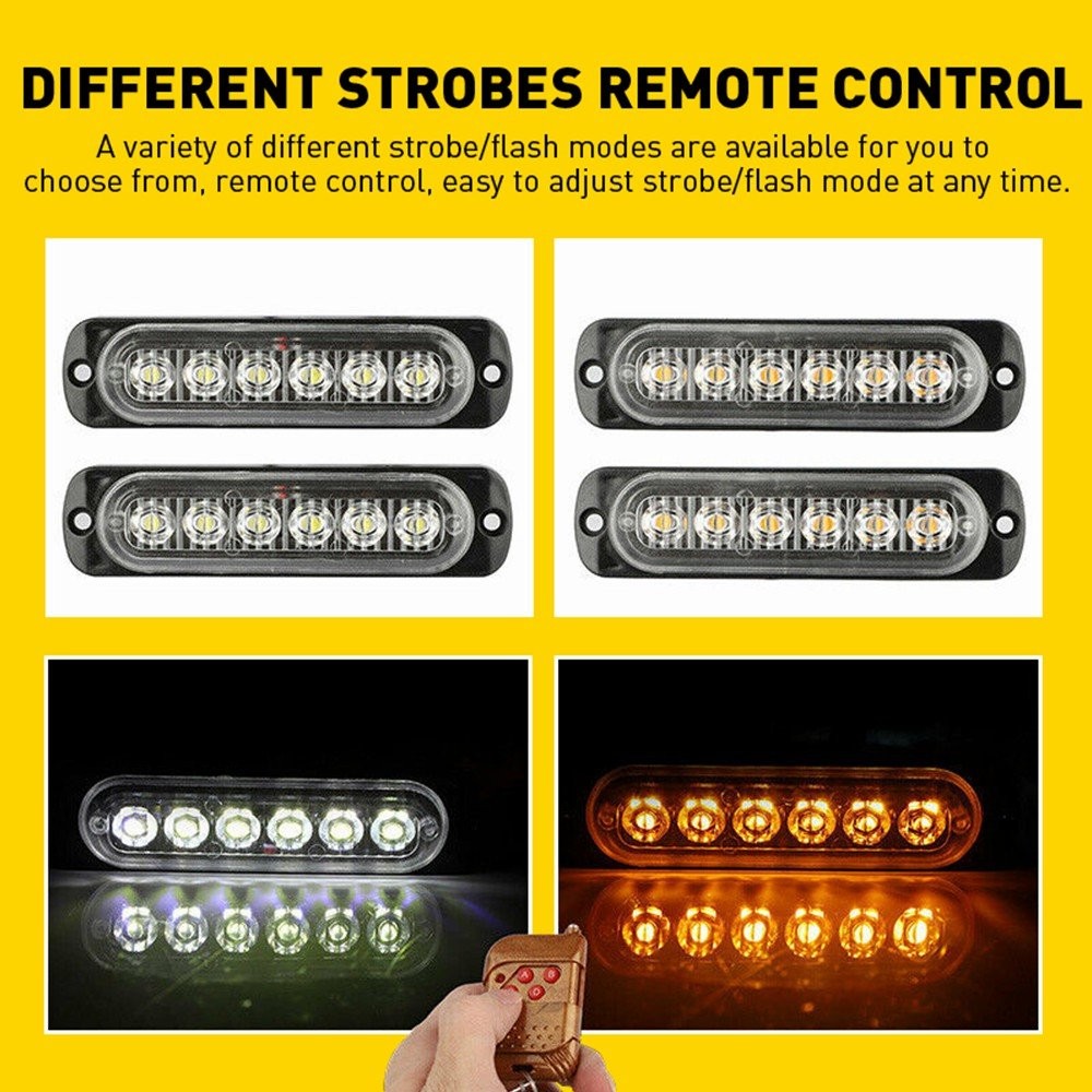 4PCS 6-LED STROBE LIGHTS WARNING FLASHING BEACON AMBER WHITE 12V REMOTE CONTROL