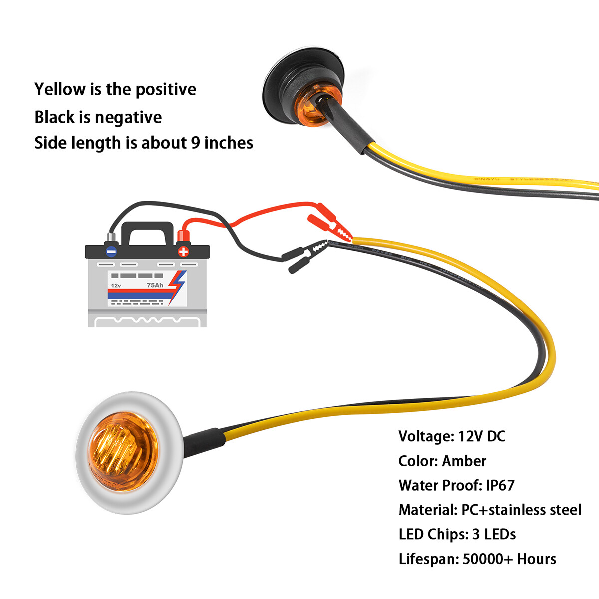 50X 12V-24V Amber 3/4″ Round Side LED Marker Bullet Chrome Stainless Bezel Light