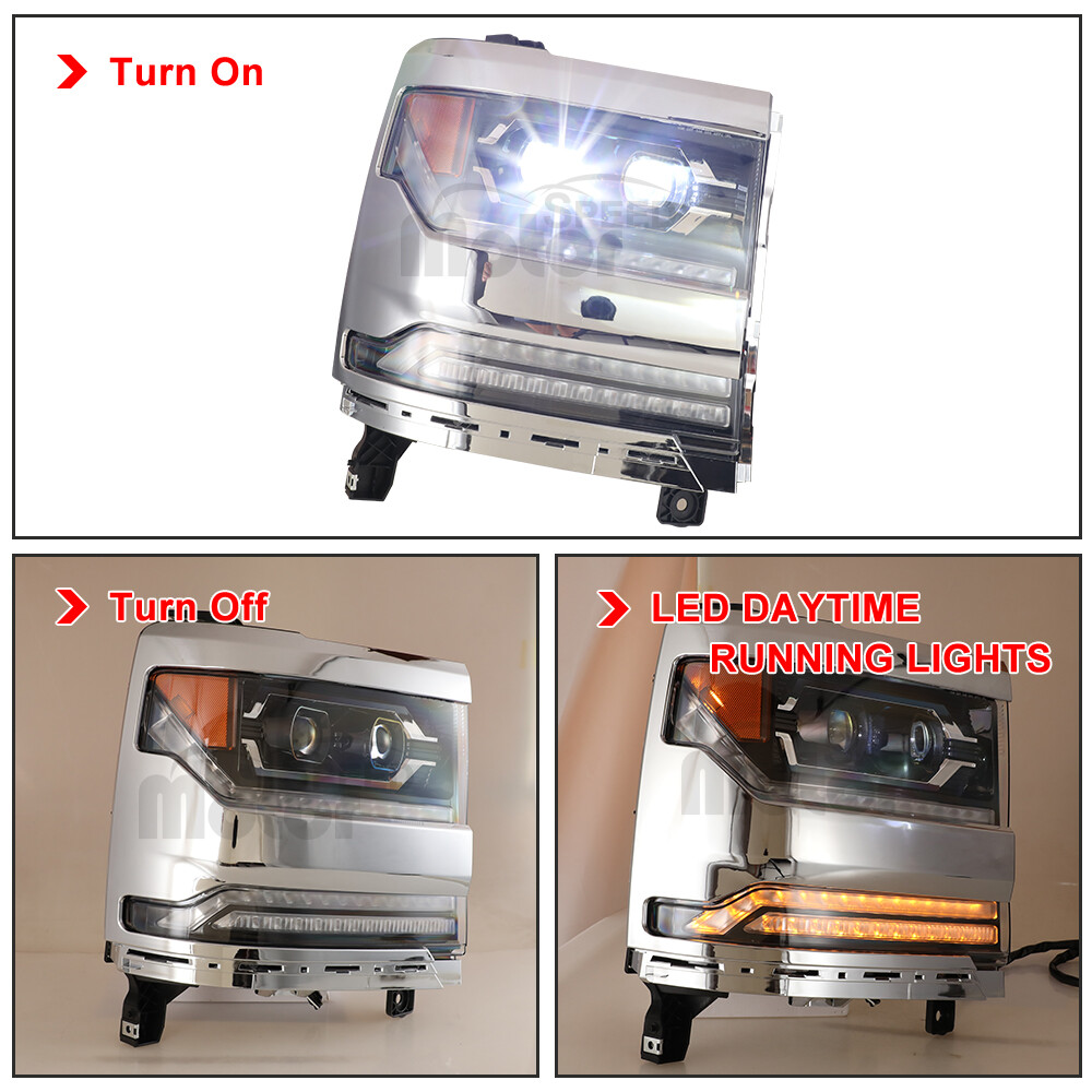 For 2016-2019 Chevy Silverado 1500 LED Headlights Chrome Trim Projector Headlamp