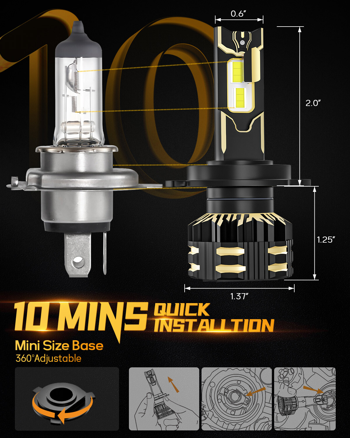 AUXBEAM GX H4 9003 HB2 Canbus LED Headlight Bulbs Hi/Lo Beam Super Bright 6500K