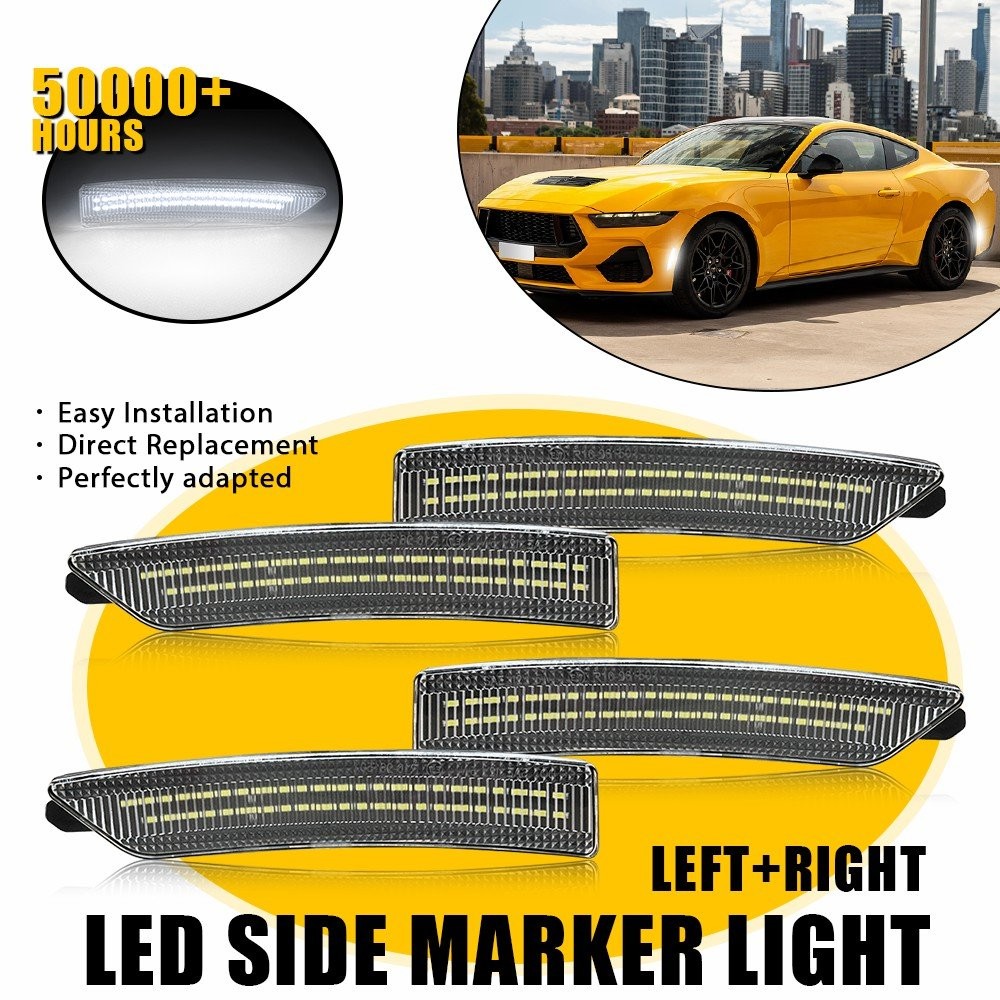 4Pc For Ford Mustang 24-25 White LED Front&Rear Bumper Side Marker Lights Clear`