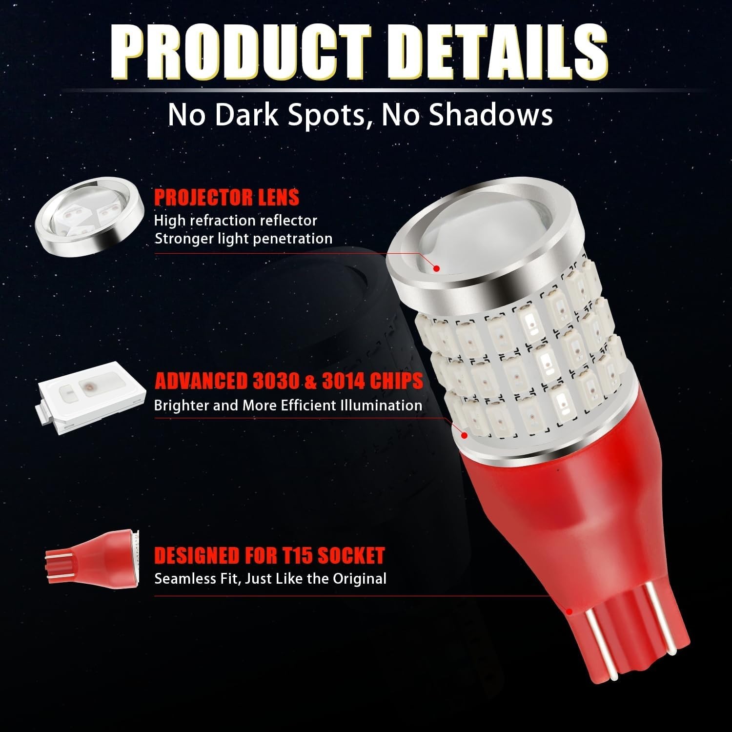 Long Life 921 LED Bulbs Red, 2-Pack for High Mount Stop Lights – 50000 Hours