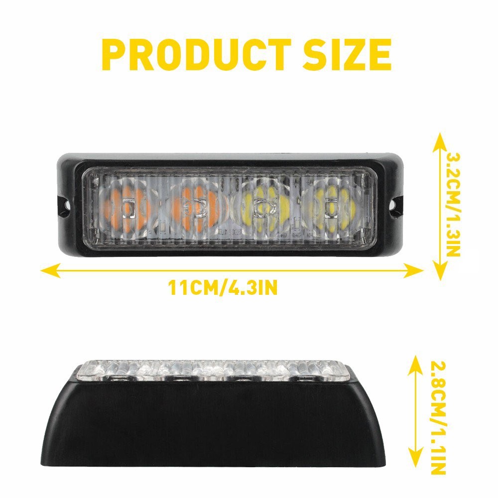 2PCS Car 4LED Emergency Warning Amber/White Beacon Light Flash Strobe Indicator