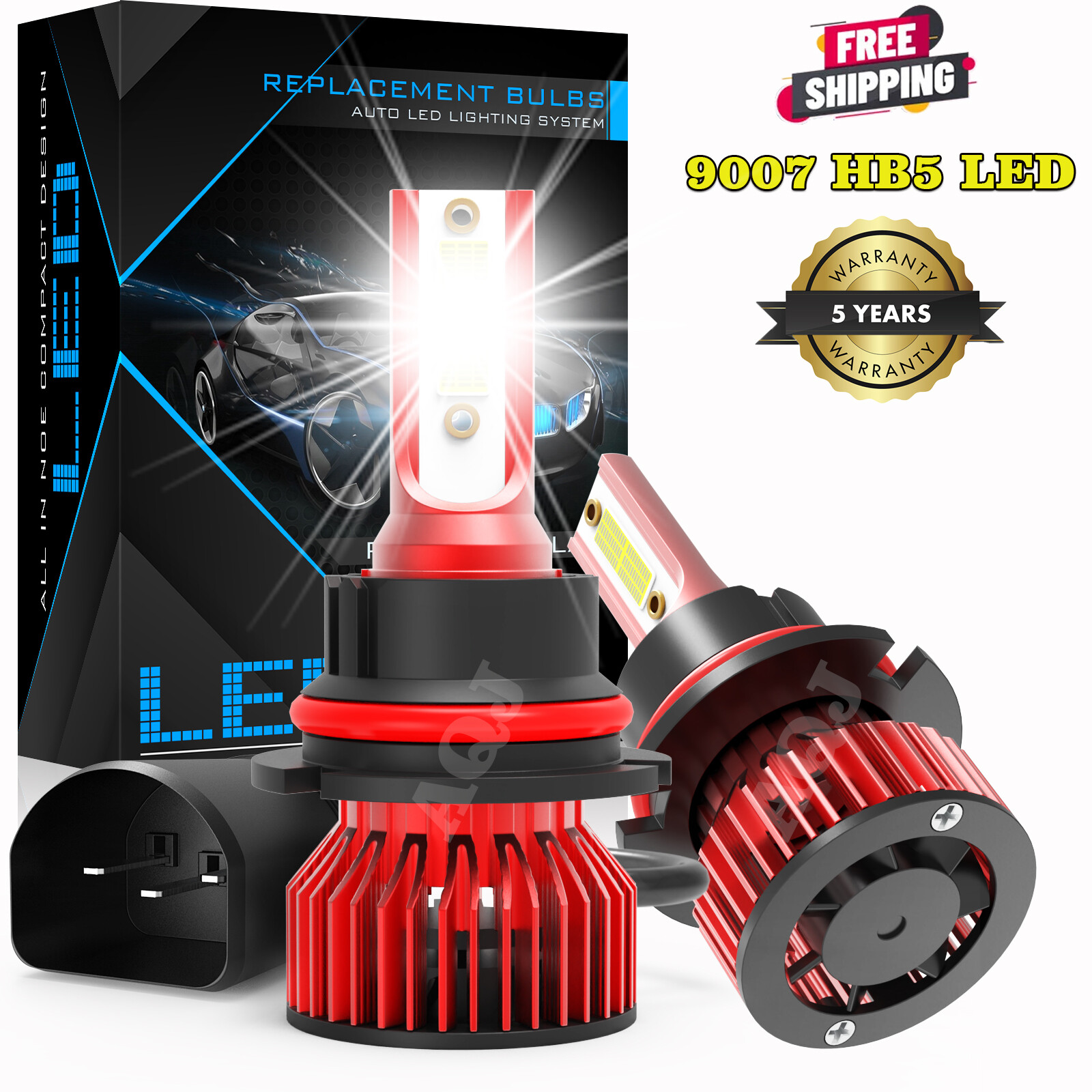 AQJ 9007 HB5 LED Headlight High Low Beam Bulbs Conversion Kit 6000K White 2X