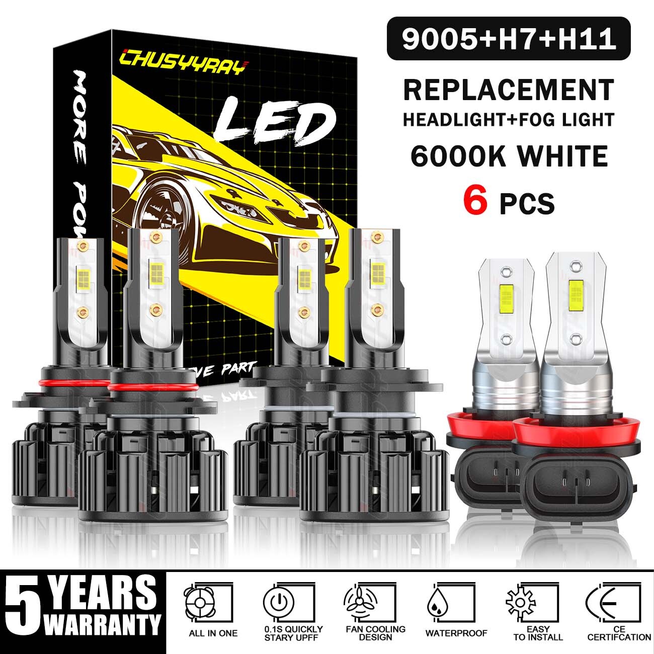 For BMW X5 2002-2004 6X LED Headlight High Low Beam + Fog Lights Bulbs Combo Kit