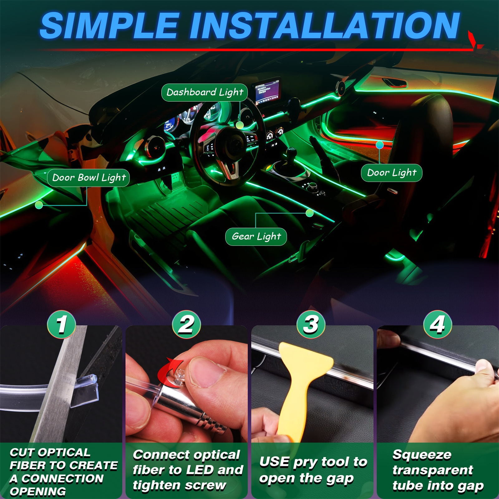 10M RGB 8 in 1 Car Light Strips SUV Car Interior Accent Decor Neon Lighting Kit