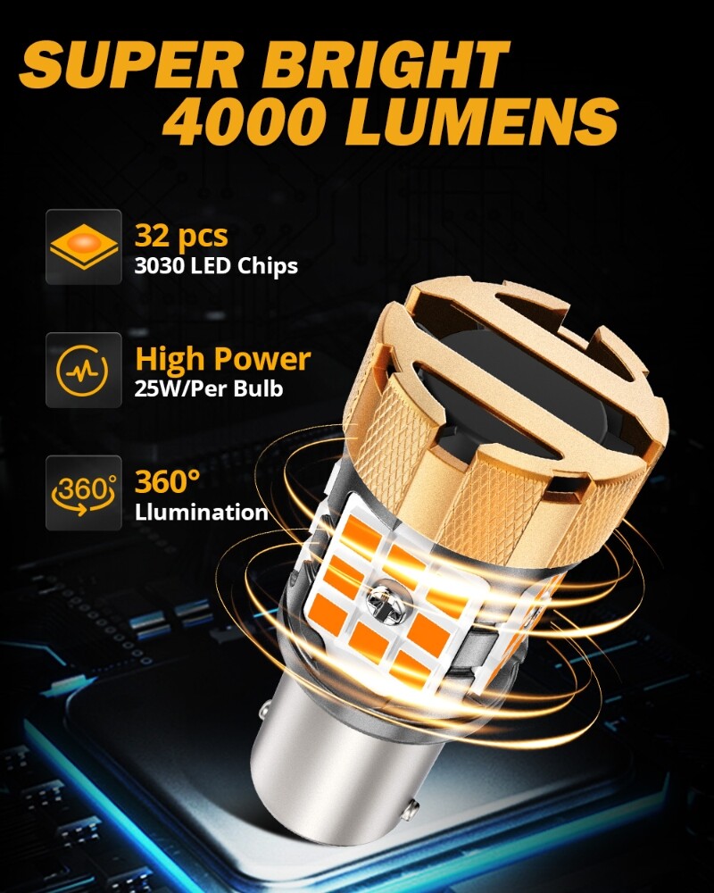 AUXBEAM 1156 LED Turn Signal Light Bulb Canbus Error Free 3000K Amber 50W 8000LM