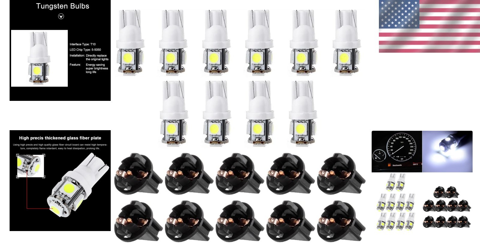 Universal T10 5-5050-SMD LED Bulbs – 20-Pack White Dash Lights, 50000 Hours