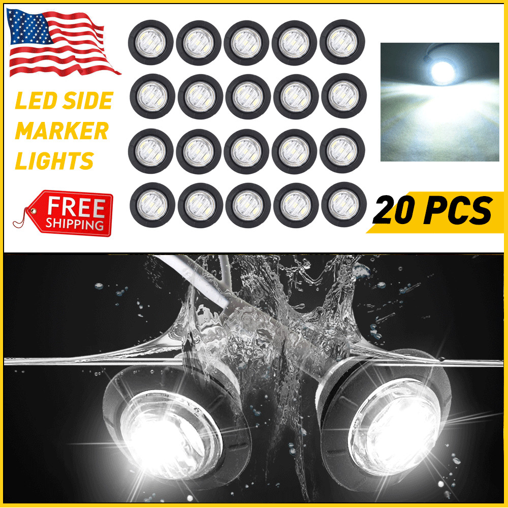 Set Of 20 Xenon White LED Side Marker lights Lamp 12V Truck Trailer Round Bullet