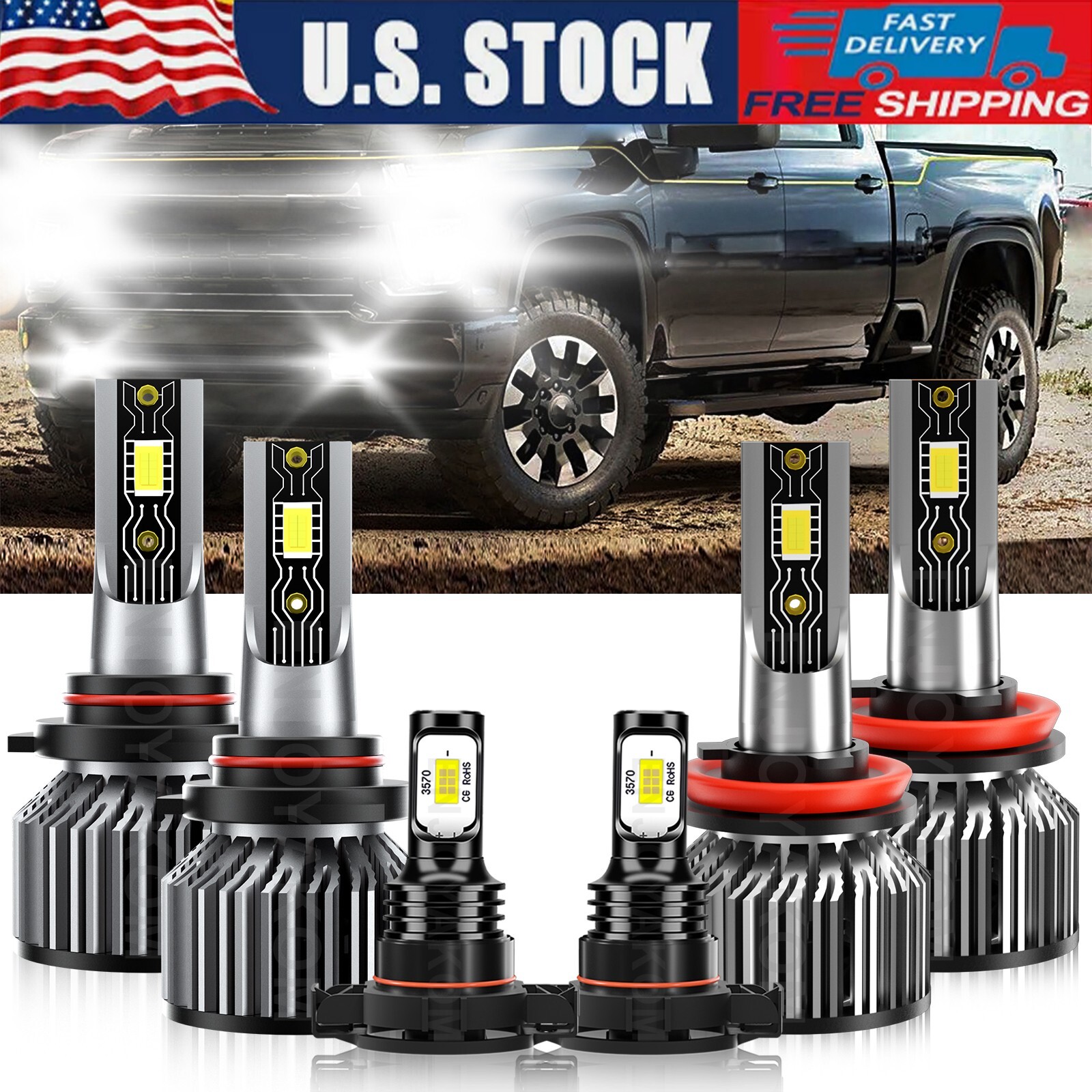 For Chevy Silverado 1500 2007-2015 6X LED Headlight Bulbs Hi/Lo Beam + Fog Light