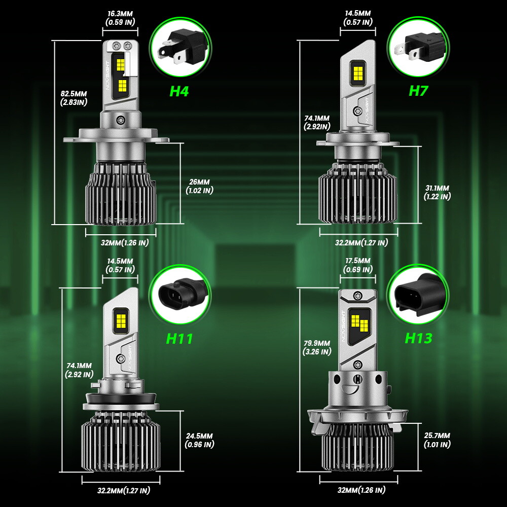 NOVSIGHT 2x H4 H7 H11 9012 9005 9006 LED Headlight Bulbs High Low 30000LM 6500K