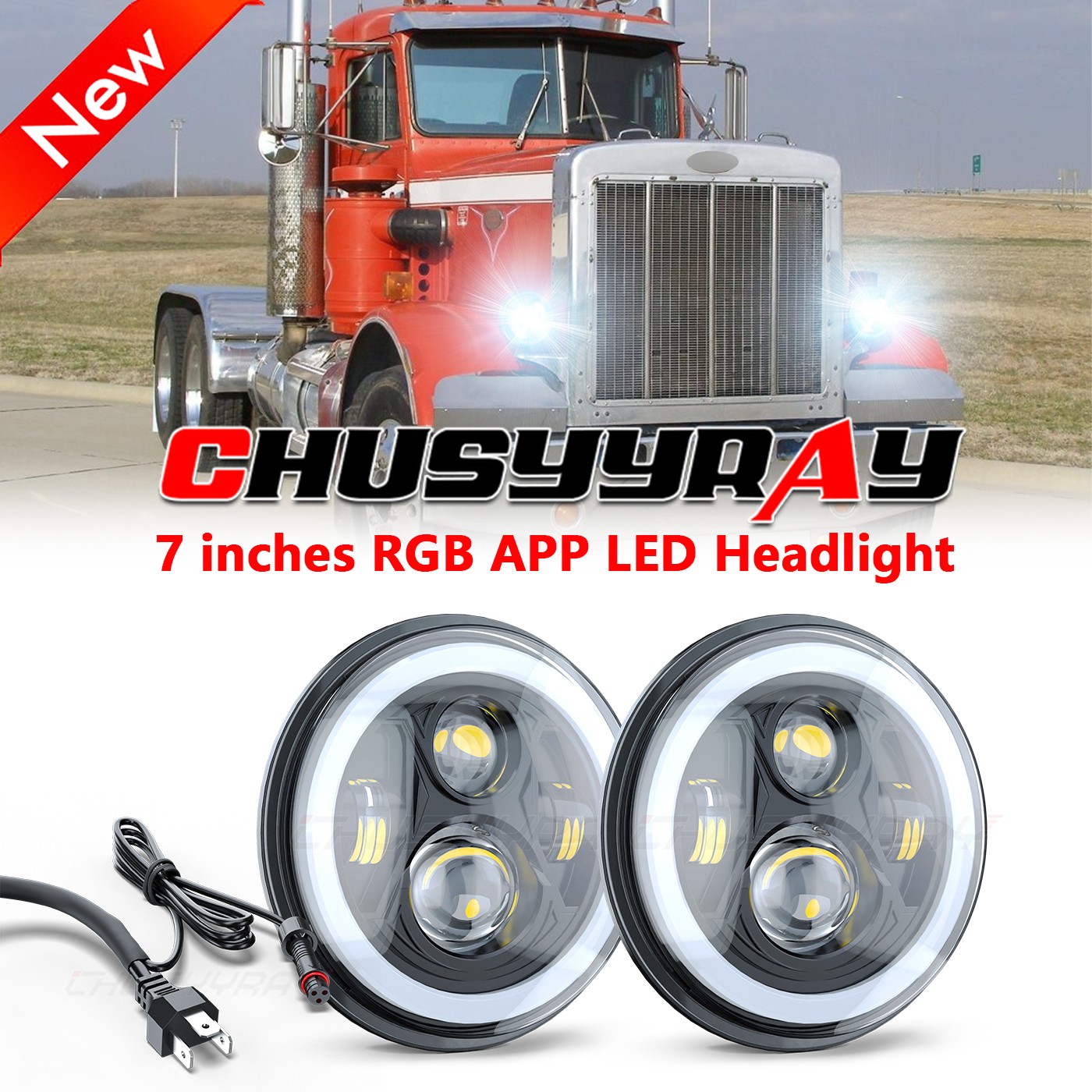 New Pair 7inch RGB LED Round Headlight Hi/Low Beam for Peterbilt 379 359 Trucks